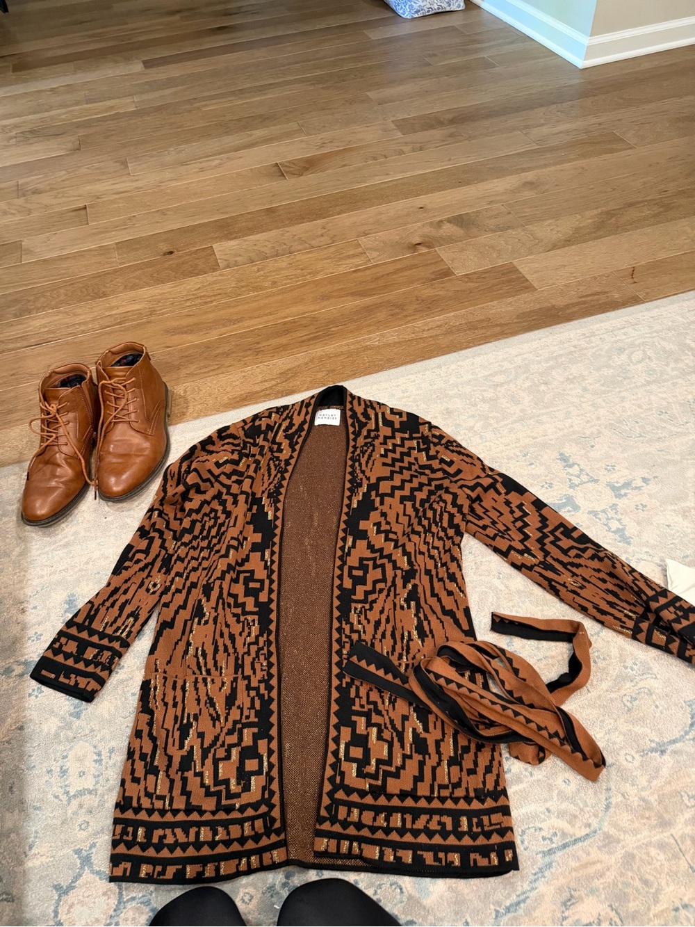 H&M Black and Brown Geometric Open-Front Cardigan with Belt